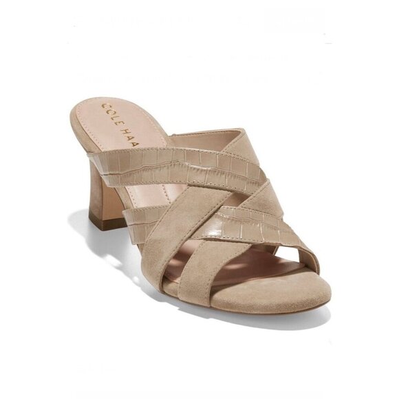 Cole Haan April Suede Mule Sandal Natural Croc Embossed Heels Size 9.5 US - Picture 1 of 10